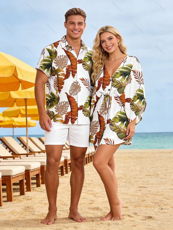 Vacation Couple Outfit for Beach Tropical Leaf Print Tied V Neck Dress and Shirt Set - Blanc S | US 4