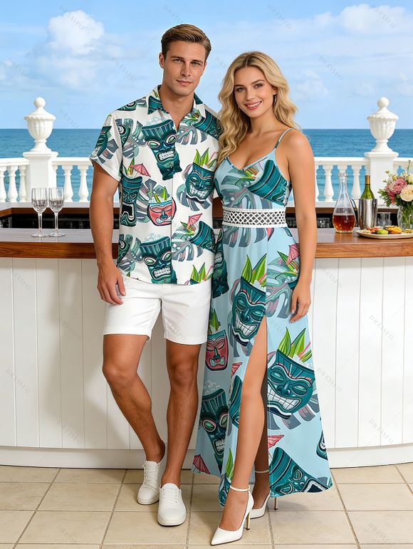 Vacation Couple Outfit Tiki Totem Hawaiian Pattern Lace Hollow Out Slit Dress and Shirt Set - Turquoise S | US 4