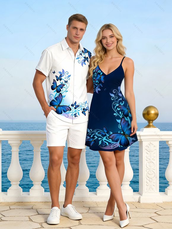 Vacation Couple Outfit Watercolor Butterfly Scroll Print Spaghetti Strap Dress and Shirt Set - Bleu Marine S | US 4