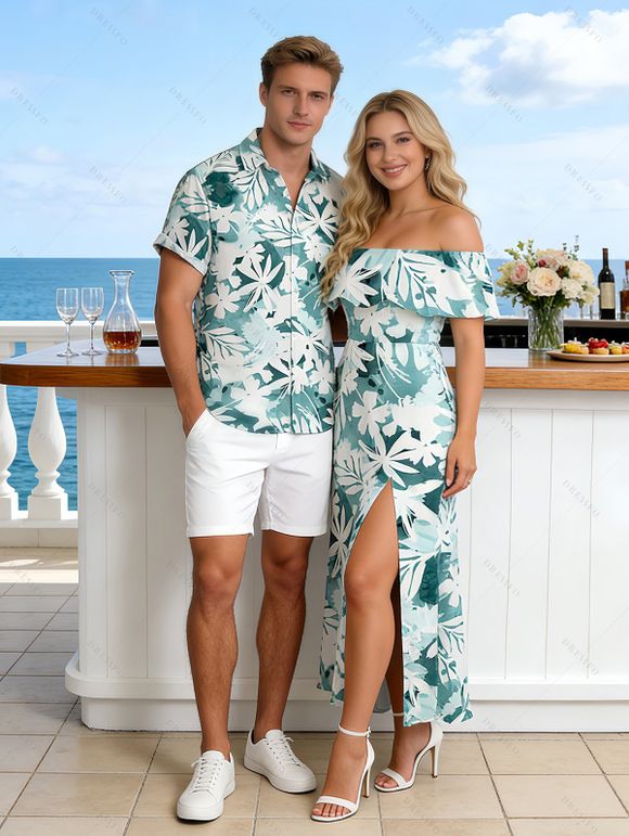 Vacation Couple Outfit Tie-Dye Tropical Leaf Print Flounce Slit Dress and Shirt Set - Turquoise S | US 4