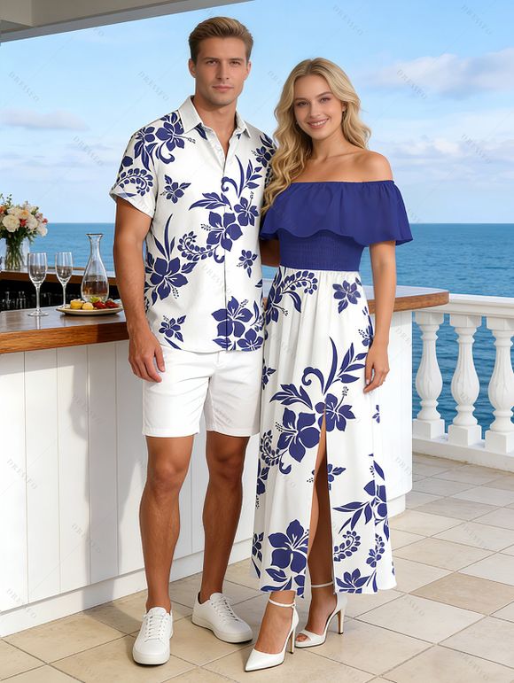 Vacation Couple Outfit Hibiscus Floral Print Flounce Smocked Slit Dress and Shirt Set - Bleu S | US 4