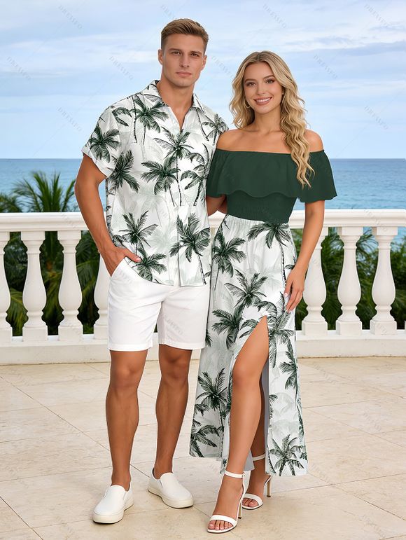 Vacation Couple Outfit Colorblock Coconut Tree Print Flounce Smocked Slit Dress and Shirt Set - Vert Armée S | US 4