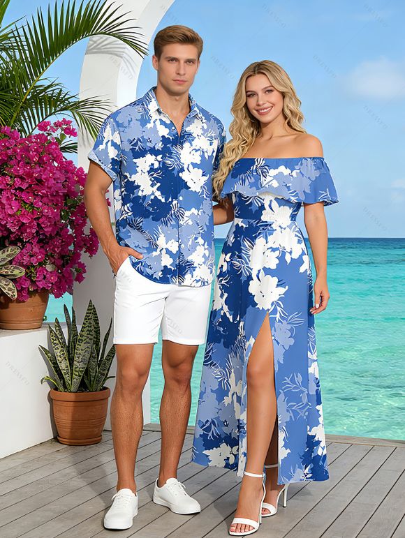 Vacation Couple Outfit Ink Wash Floral Print Flounce Smocked Slit Dress and Shirt Set - Bleu Ciel S | US 4