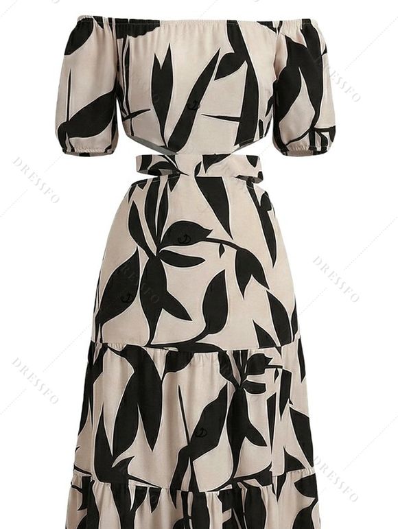 Vacation Dress Leaf Patten Bowknot Off the Shoulder Smocked Puff Sleeve Dress - café lumière XL | US 12