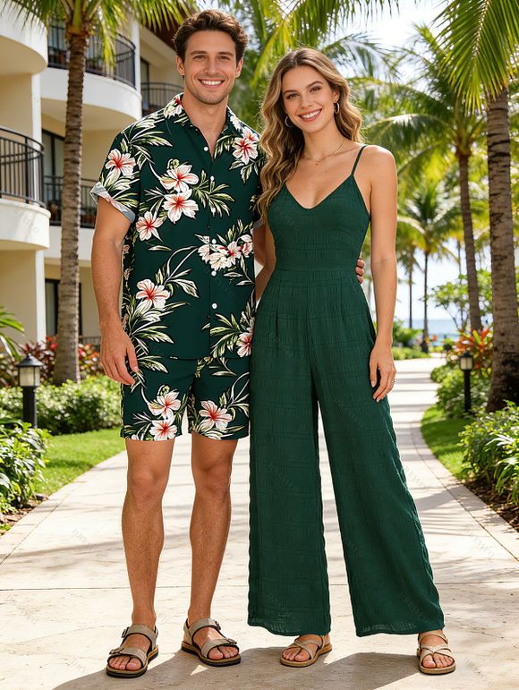 Casual Couple Outfit Solid Color Spaghetti Strap Wide Leg Jumpsuit and Floral Print Shirt Set - Vert profond S | US 4