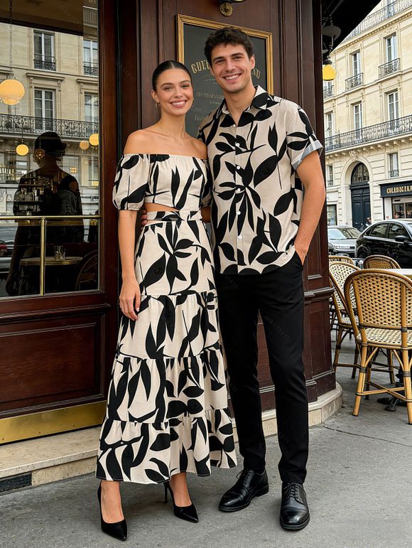 Vacation Couple Outfit Leaf Patten Bowknot Off the Shoulder Smocked Dress and Shirt Set - café lumière S | US 4