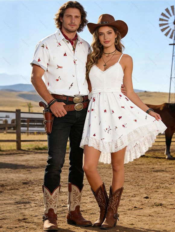 Vacation Couple Outfit Ditsy Floral Print Irregular Hem Dress and Shirt Set - Blanc S | US 4