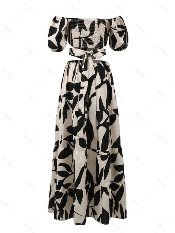 Vacation Dress Leaf Patten Bowknot Off the Shoulder Smocked Puff Sleeve Dress - café lumière XL | US 12