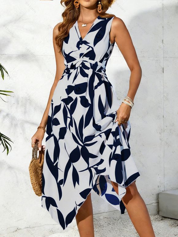 Vacation Couple Outfit Twisted V Neck Irregular Dress and Shirt Set - Bleu S | US 4