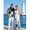Two-tone Vacation Couple Outfit Hibiscus Floral Leaf Print Slit Lace Hollow Out Dress and Shirt Set