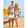 Vacation Couple Outfit for Beach Tropical Leaf Print Tied V Neck Dress and Shirt Set - Blanc S | US 4