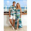 Vacation Couple Outfit Tiki Totem Hawaiian Pattern Lace Hollow Out Slit Dress and Shirt Set - Turquoise S | US 4