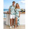 Vacation Couple Outfit Tie-Dye Tropical Leaf Print Flounce Slit Dress and Shirt Set - Turquoise S | US 4