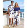 Vacation Couple Outfit Hibiscus Floral Print Flounce Smocked Slit Dress and Shirt Set - Bleu S | US 4