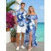 Vacation Couple Outfit Ink Wash Floral Print Flounce Smocked Slit Dress and Shirt Set - Bleu Ciel S | US 4