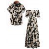 Vacation Couple Outfit Leaf Patten Bowknot Off the Shoulder Smocked Dress and Shirt Set - café lumière S | US 4