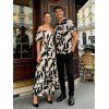 Vacation Couple Outfit Leaf Patten Bowknot Off the Shoulder Smocked Dress and Shirt Set - café lumière S | US 4