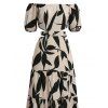 Vacation Dress Leaf Patten Bowknot Off the Shoulder Smocked Puff Sleeve Dress - café lumière L | US 8-10