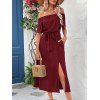 Solid Color Dress Off the Shoulder Slit Midi Belt Dress - Rouge Vineux S | US 4
