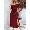 Solid Color Dress Off the Shoulder Slit Midi Belt Dress - Rouge Vineux S | US 4