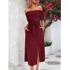 Solid Color Dress Off the Shoulder Slit Midi Belt Dress - Rouge Vineux S | US 4