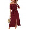 Solid Color Dress Off the Shoulder Slit Midi Belt Dress - Rouge Vineux M | US 6