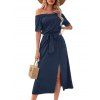 Solid Color Dress Off the Shoulder Slit Midi Belt Dress - Bleu de Minuit M | US 6