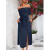 Solid Color Dress Off the Shoulder Slit Midi Belt Dress - Bleu de Minuit M | US 6