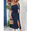 Solid Color Dress Off the Shoulder Slit Midi Belt Dress - Bleu de Minuit M | US 6