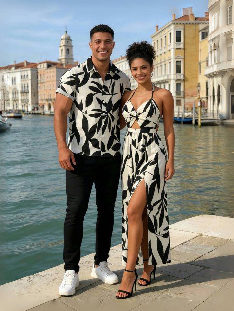 Vacation Couple Outfit Minimalist Leaf Pattern Twisted Cut Out Slit Halter Dress and Shirt Set