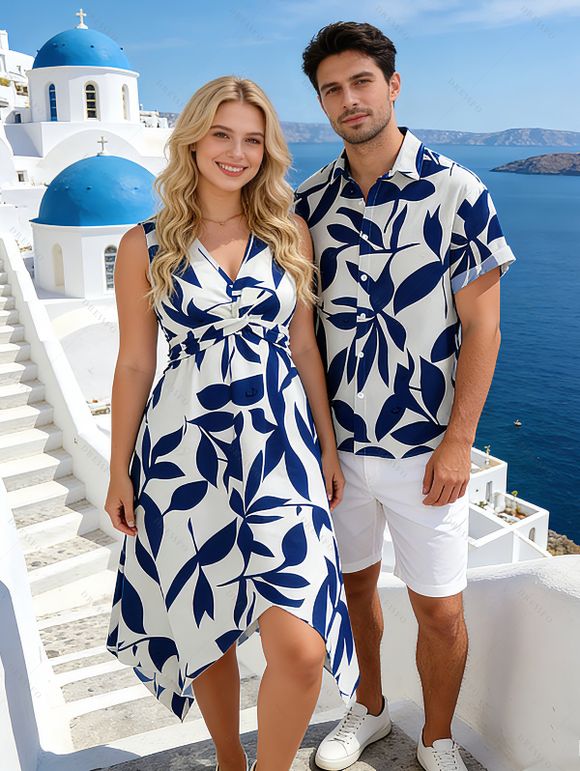 Vacation Couple Outfit Twisted V Neck Irregular Dress and Shirt Set - Bleu S | US 4