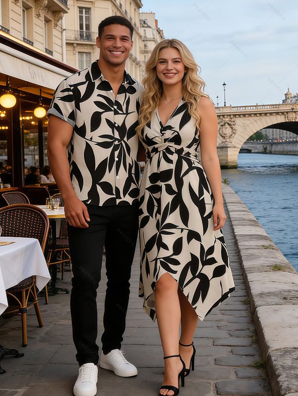 Vacation Couple Outfit Twisted V Neck Irregular Dress and Shirt Set - Noir S | US 4