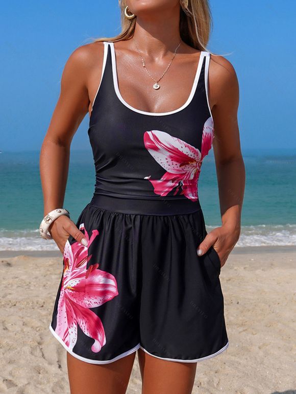 Maillot de bain de plage gainant à imprimé floral, shorty rembourré - Noir XXL | US 12