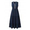 Vacation Dress Colorblock Lace Trim V Neck Sleeveless Dress - Bleu de Minuit L | US 8