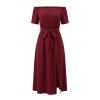 Solid Color Dress Off the Shoulder Slit Midi Belt Dress - Rouge Vineux S | US 4
