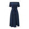 Solid Color Dress Off the Shoulder Slit Midi Belt Dress - Bleu de Minuit M | US 6