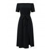 Solid Color Dress Off the Shoulder Slit Midi Belt Dress - Noir S | US 4