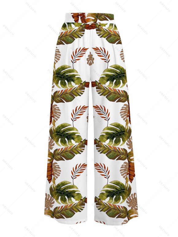 Vacation Pants Tropical Monstera Leaf Print Belt Wide Leg Pants - PLANT GREEN XXXXXL | US 20