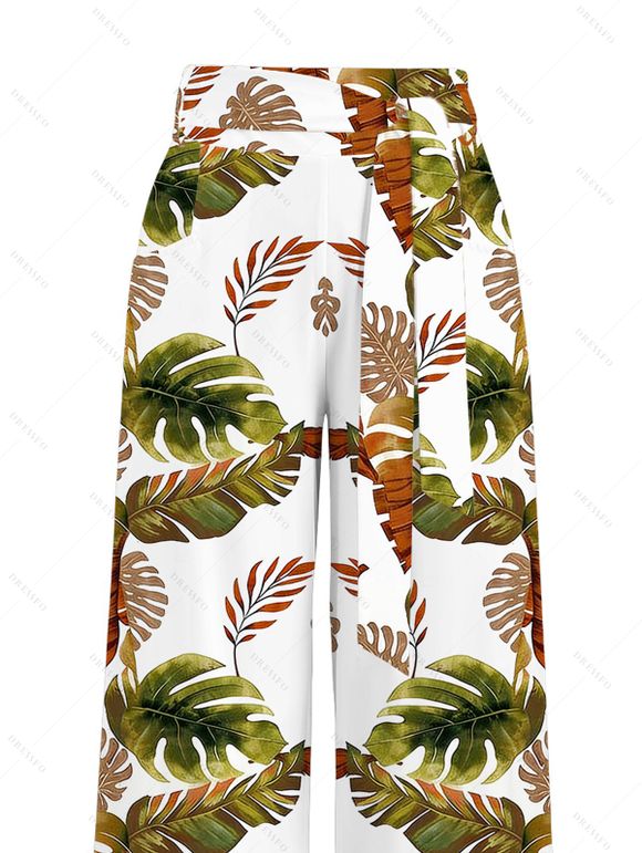 Vacation Pants Tropical Monstera Leaf Print Belt Wide Leg Pants - PLANT GREEN XXXXXL | US 20