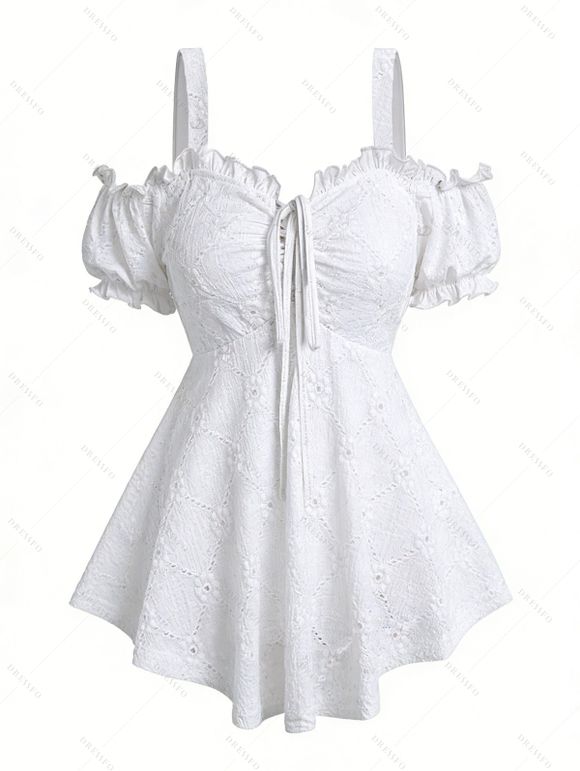 Solid Color Tank Top Geometric Hollow Out Ruffle Puff Sleeve Tied Cold Shoulder Tank Top - Blanc XXL | US 12