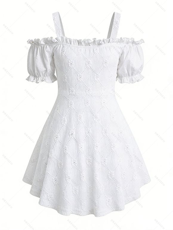 Solid Color Tank Top Geometric Hollow Out Ruffle Puff Sleeve Tied Cold Shoulder Tank Top - Blanc XXL | US 12