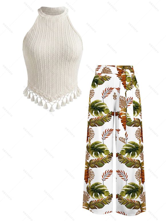 Vacation Outfit Tassel Slim Fit Textured Tank Top and Monstera Leaf Print Belt Wide Leg Pants Set - Blanc S | US 4
