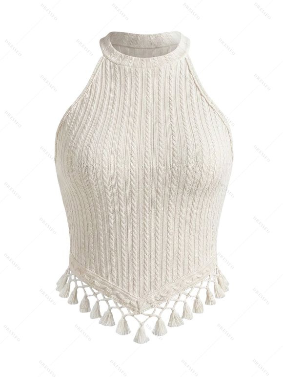 Vacation Outfit Tassel Slim Fit Textured Tank Top and Monstera Leaf Print Belt Wide Leg Pants Set - Blanc S | US 4