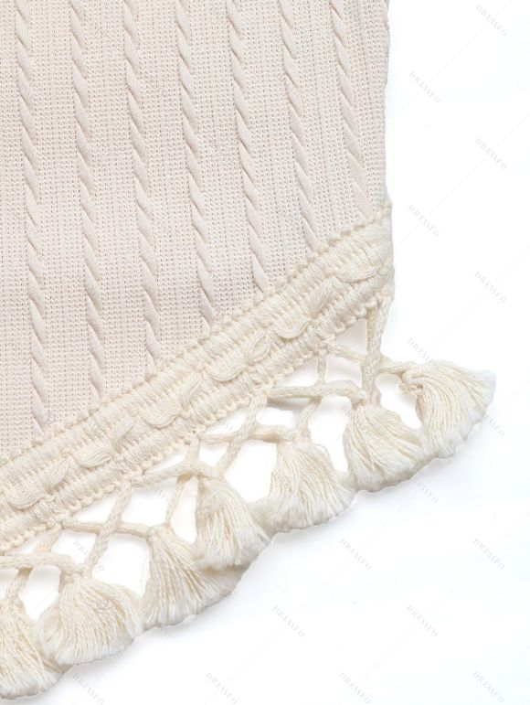 Vacation Outfit Tassel Slim Fit Textured Tank Top and Monstera Leaf Print Belt Wide Leg Pants Set - Blanc S | US 4