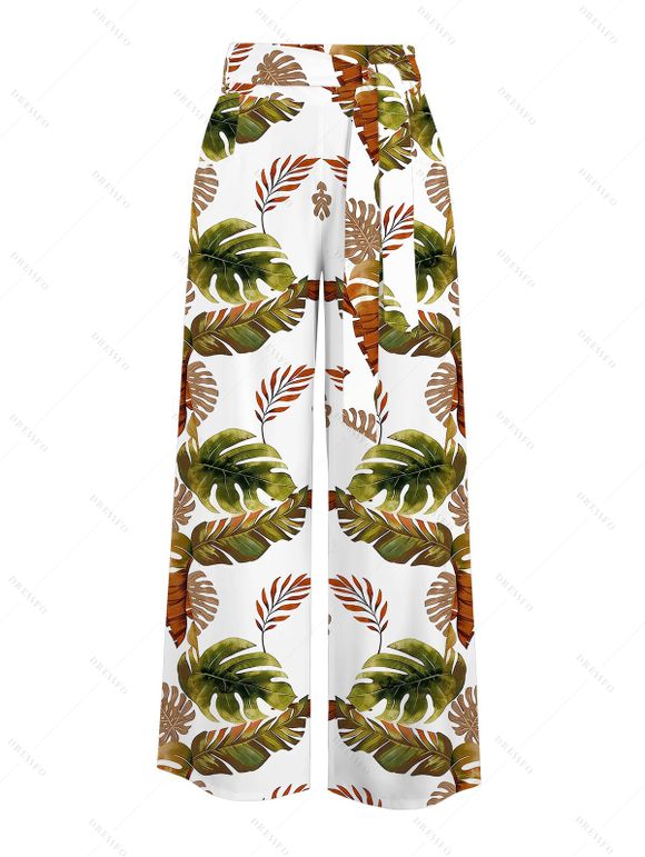 Vacation Outfit Tassel Slim Fit Textured Tank Top and Monstera Leaf Print Belt Wide Leg Pants Set - Blanc S | US 4
