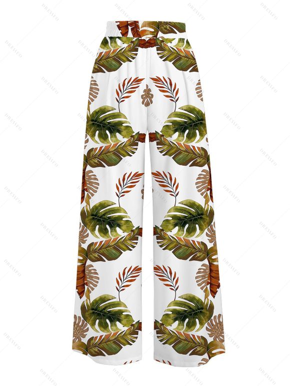 Vacation Outfit Tassel Slim Fit Textured Tank Top and Monstera Leaf Print Belt Wide Leg Pants Set - Blanc S | US 4