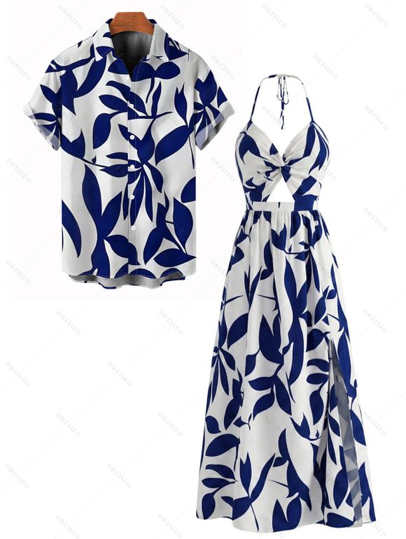 Vacation Couple Outfit Minimalist Leaf Pattern Twisted Cut Out Slit Halter Dress and Shirt Set - Bleu S | US 4