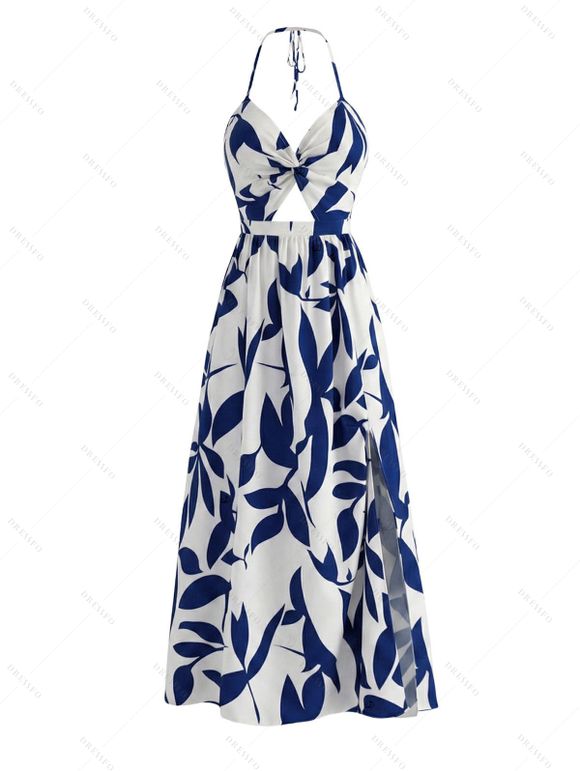 Vacation Couple Outfit Minimalist Leaf Pattern Twisted Cut Out Slit Halter Dress and Shirt Set - Bleu S | US 4
