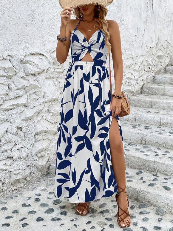 Vacation Couple Outfit Minimalist Leaf Pattern Twisted Cut Out Slit Halter Dress and Shirt Set - Bleu S | US 4