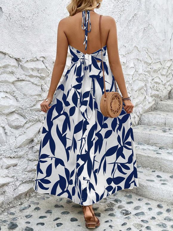 Vacation Couple Outfit Minimalist Leaf Pattern Twisted Cut Out Slit Halter Dress and Shirt Set - Bleu S | US 4